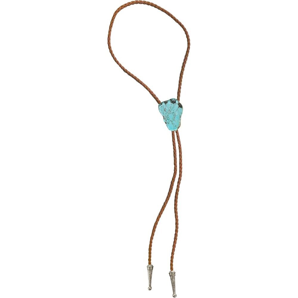 Silver Bolo Tie Unisex Brown Cord with Turquoise Stone Handmade for Weddings - Picture 2 of 6